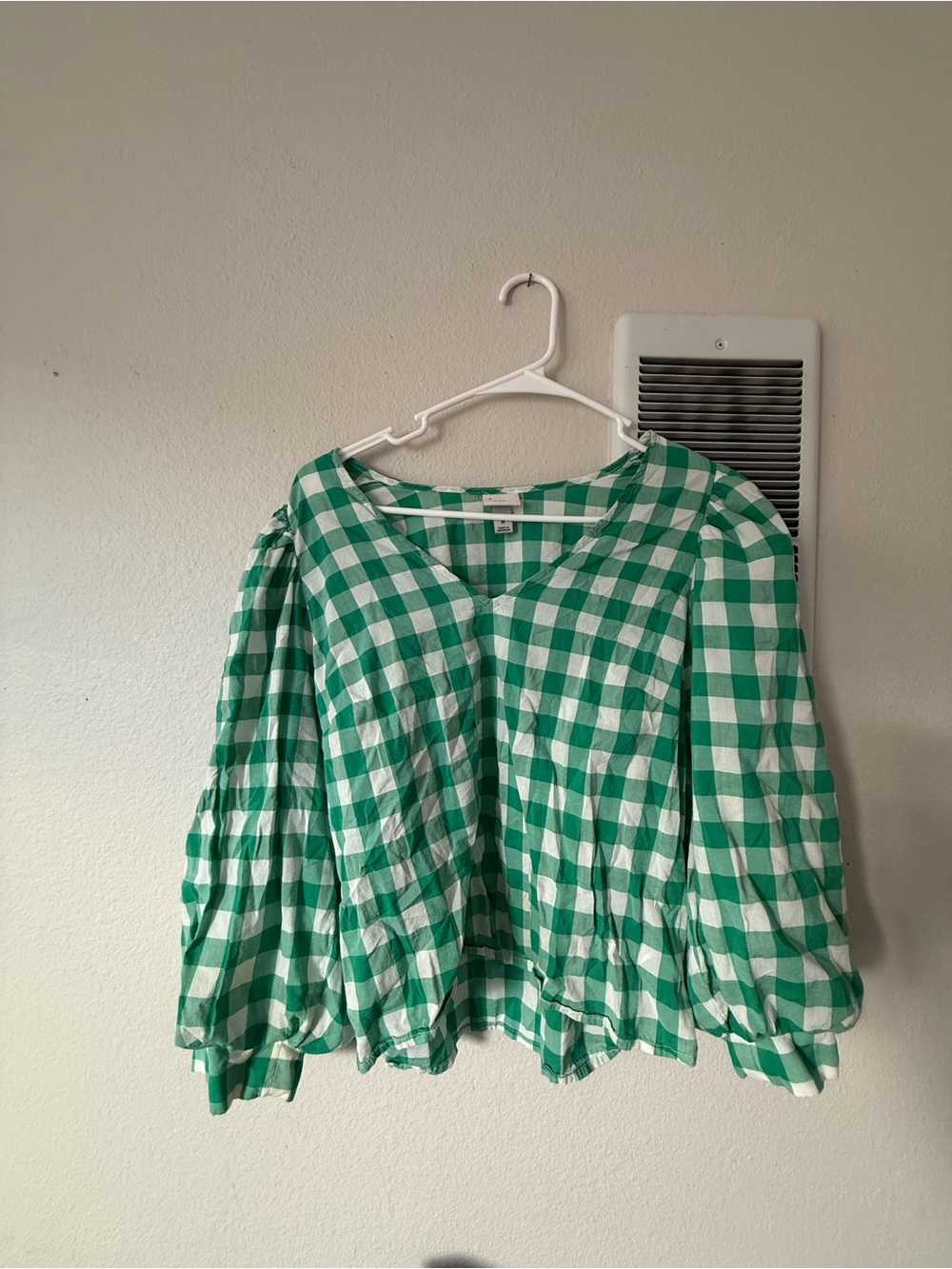 a new day Green and White Gingham Puff-Sleeve Blouse